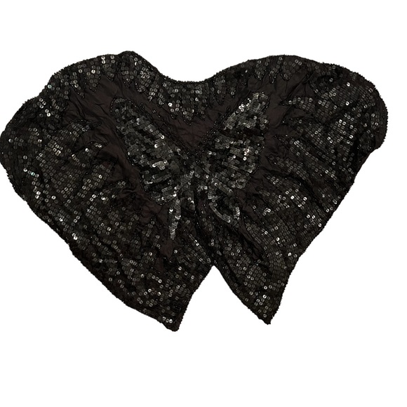 NWT Vintage Infashions Black Sequined and Beaded Butterfly Cape Shawl 100% Silk - Picture 6 of 15